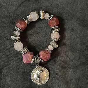 Natural Rose Quartz & Silver Plated Accents Stretch Bracelet